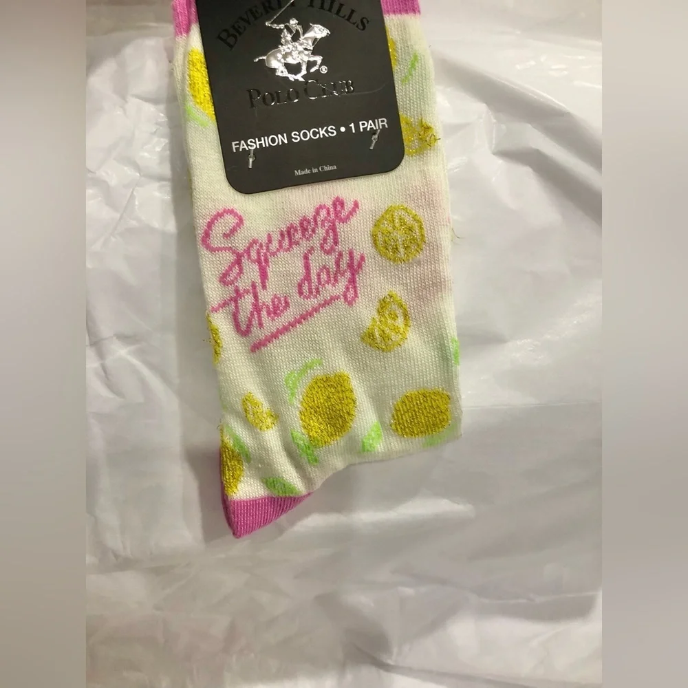 2pairs lemon print squeeze the day‎ cream & pink printed socks